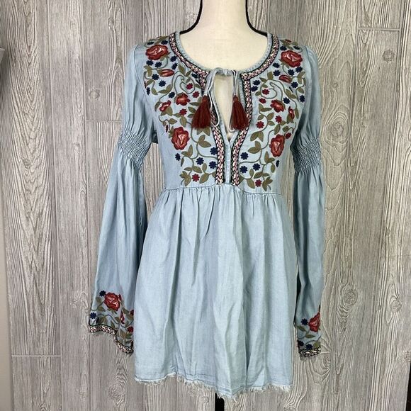 Miss Me Women's Small Blue BOHO Embroidered Tunic Mini Dress Long Sleeve - Picture 1 of 12